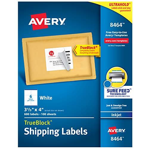 Product Cover Avery Shipping Address Labels, Inkjet Printers, 600 Labels, 3-1/3x4 Labels, Permanent Adhesive, TrueBlock (8464)