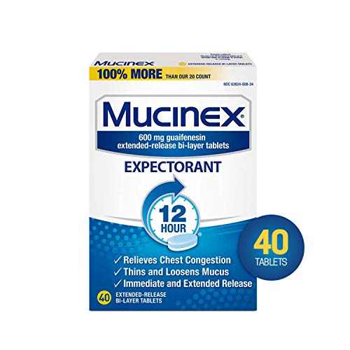 Product Cover Chest Congestion, Mucinex Expectorant 12 Hour Extended Release Tablets, 40ct, 600 mg Guaifenesin with Extended Relief of Chest Congestion Caused by Excess Mucus. Thins and Loosens Mucus