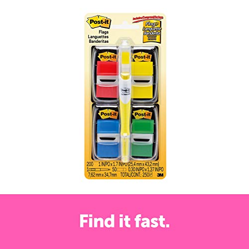 Product Cover Post-it Flags Value Pack with Free Flag + Highlighter, Assorted Primary Colors, 1 in Wide, 50 tabs per Dispenser, 4-Dispensers (680-RYBGVA)