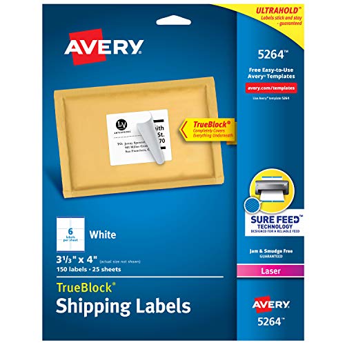 Product Cover Avery Shipping Address Labels, Laser Printers, 150 Labels, 3-1/3x4 Labels, Permanent Adhesive, TrueBlock (5264), White