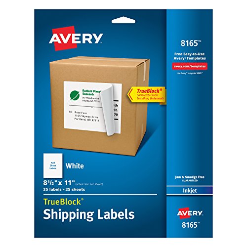 Product Cover Avery Shipping Address Labels, Inkjet Printers, 25 Labels, Full Sheet Labels, Permanent Adhesive, TrueBlock (8165), White