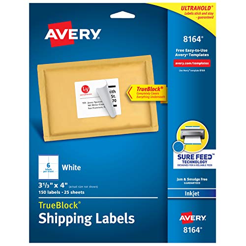 Product Cover Avery Shipping Address Labels, Inkjet Printers, 150 Labels, 3-1/3x4 Labels, Permanent Adhesive, TrueBlock (8164), White