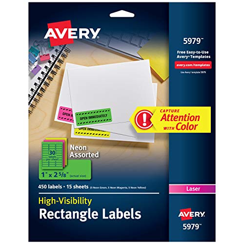 Product Cover Avery Neon Laser Labels, Rectangle, Assorted Fluorescent Colors, 1 x 2-5/8, 450/Pack (5979), Neon Green;Neon Magenta;Neon Yellow