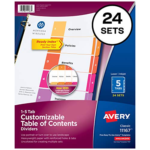 Product Cover Avery 5-Tab Dividers for 3 Ring Binders, Customizable Table of Contents, Multicolor Tabs, 24 Sets (11167)