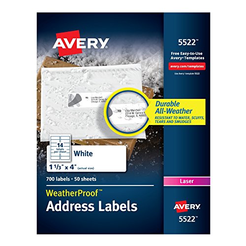 Product Cover Avery WeatherProof Mailing Labels, TrueBlock Technology, Laser, White, 1-1/3 x 4, Pack of 700 (5522)