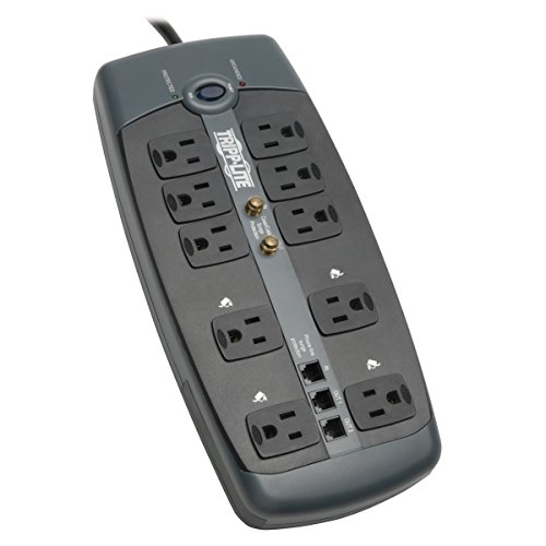Product Cover Tripp Lite 10 Outlet Surge Protector Power Strip, 8ft Cord, Right-Angle Plug, Tel/Modem/Coax Protection, RJ11, & $150,000 INSURANCE (TLP1008TELTV)