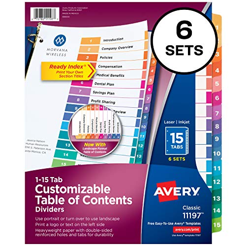 Product Cover Avery 15-Tab Dividers for 3 Ring Binders, Customizable Table of Contents, Multicolor Tabs, 6 Sets (11197)