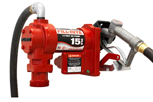 Product Cover Fill-Rite FR1210G 12V 15 GPM (57 LPM) Fuel Transfer Pump with Discharge Hose, Manual Nozzle, Suction Pipe, RED
