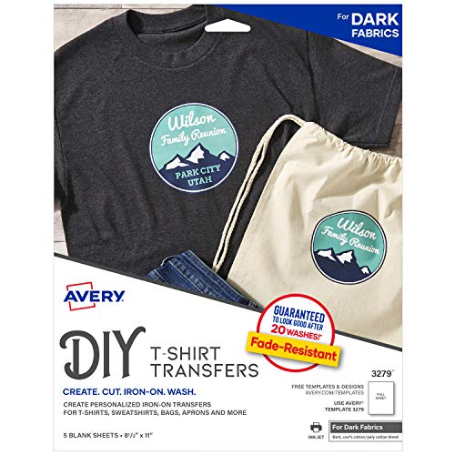 Product Cover Avery Printable T-Shirt Transfers, For Use on Dark Fabrics, Inkjet Printers, 5 Paper Transfers (3279)