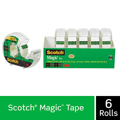 Product Cover Scotch Brand Magic Tape, 6 Dispensered Rolls, Writeable, Invisible, The Original, Engineered for Repairing, Great for Gift Wrapping, 3/4 x 650 Inches (6122)