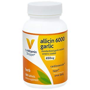 Product Cover The Vitamin Shoppe Allicin 6000mcg Garlic, 650mg, Enteric Coated Tablets for Easy Swallowing, Promotes Healthy Cholesterol and Overall Hearth Health, Take Once Daily (100 Tablets)