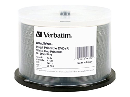 Product Cover Verbatim DVD+R 4.7GB 8X DataLifePlus White Inkjet Printable, Hub Printable - 50pk Spindle