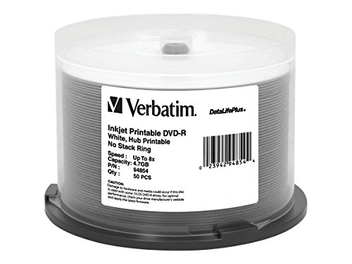 Product Cover Verbatim DVD-R 4.7GB 8X DataLifePlus White Inkjet Printable Surface, Hub Printable - 50pk Spindle - 94854
