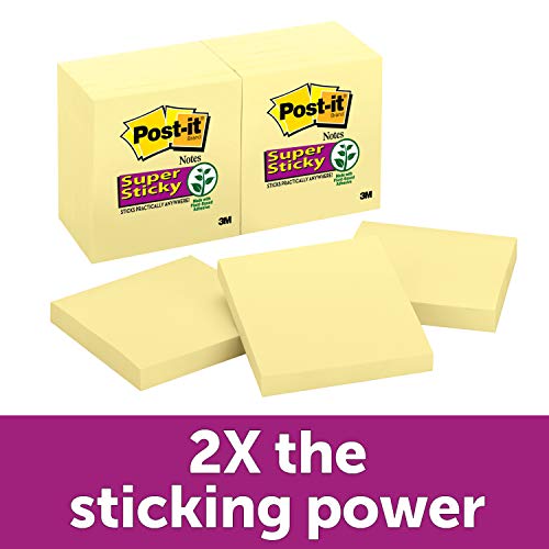 Product Cover Post-it Super Sticky Notes, 2x Sticking Power, 3 in x 3 in, Canary Yellow, 12 Pads/Pack, 90 Sheets/Pad (654-12SSCY)
