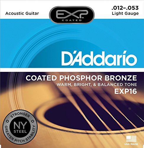 Product Cover D'Addario EXP16 Coated Phosphor Bronze Acoustic Guitar Strings, Light, 12-53 - Offers a Warm, Bright and Well-Balanced Acoustic Tone and 4x Longer Life - With NY Steel for Strength and Pitch Stability