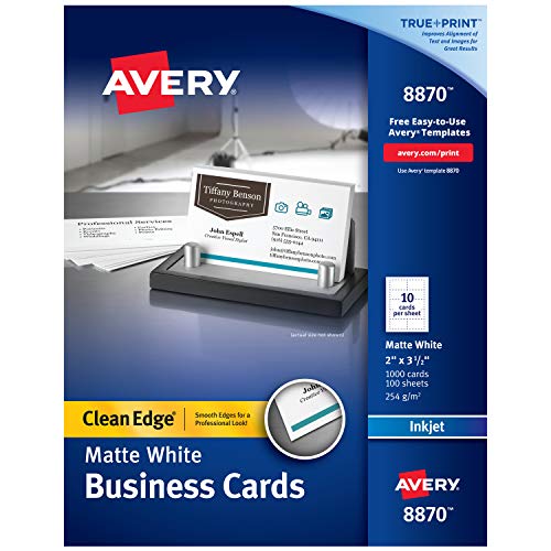 Product Cover Avery Printable Business Cards, Inkjet Printers, 1,000 Cards, 2 x 3.5, Clean Edge, Heavyweight (8870), White