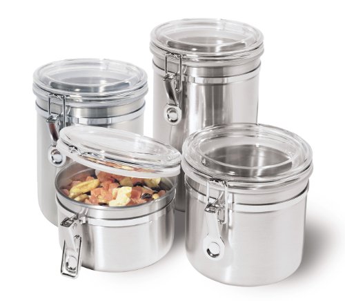 Product Cover Oggi 4-Piece Stainless Steel Canister Set with Acrylic Lid and Clamp-Set Includes 1 each: 26oz, 36oz, 47oz, 62oz.