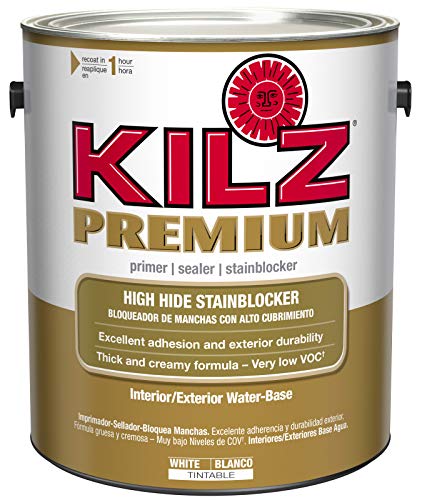Product Cover KILZ Premium High-Hide Stain Blocking Interior/Exterior Latex Primer/Sealer, White, 1-gallon