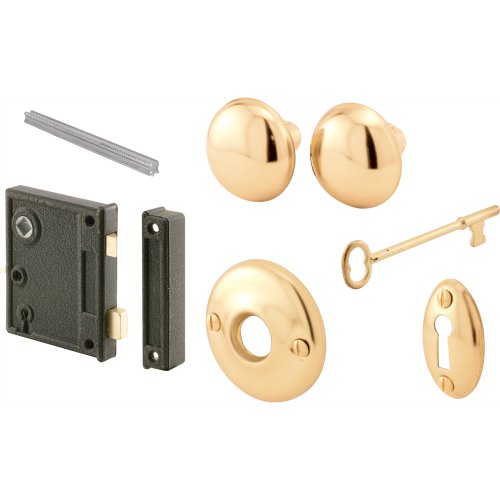 Product Cover Prime-Line E 2437 Vertical Trim Vintage Lock Set - Cast Steel Construction, Brass Plated Knobs, Skeleton Key Locking System - 2-1/2