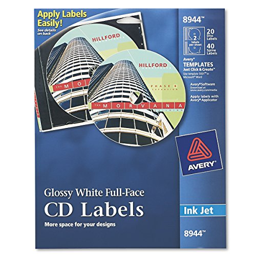 Product Cover Avery Full-Face CD Labels for Inkjet Printers, Glossy White, 20 Disc Labels and 40 Spine Labels (8944)