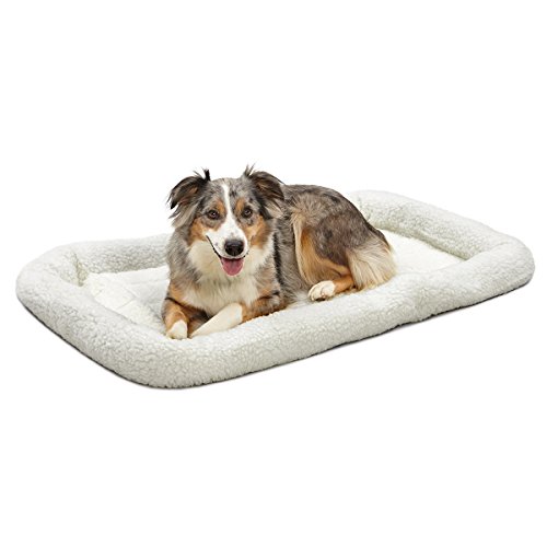 Product Cover 42L-Inch White Fleece Dog Bed or Cat Bew w/ Comfortable Bolster | Ideal for Large Dog Breeds & Fits a 42-Inch Dog Crate | Easy Maintenance Machine Wash & Dry | 1-Year Warranty