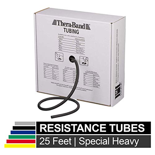 Product Cover TheraBand Resistance Tubes, Professional Latex Elastic Tubing for Full Body, Core Exercise, Physical Therapy, Lower Pilates, at-Home Workouts, Rehab, 25 Foot, Black, Special Heavy, Advanced Level 1