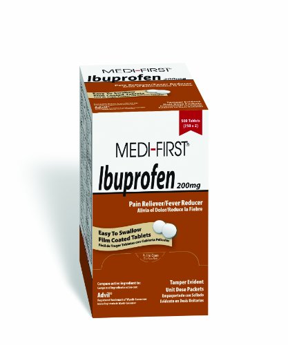 Product Cover Medi-First Ibuprofen, 200mg Ibuprofen Per Tablet, Fever Reducer, Relief of Aches & Pains due to Arthritis, Muscular, Back Pain, Headache, Colds & Menstrual Cramps, Box of 500 (250 packets/2 Tablets)