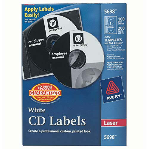 Product Cover Avery CD Labels for Laser Printers, White, 100 Disc Labels and 200 Spine Labels (5698)