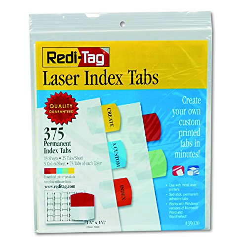 Product Cover Redi-Tag Laser Printable Index Tabs, Permanent Adhesive, 1-1/8 x 1-1/4 Inches, Bulk Packed, 375 Tabs Per Pack, Assorted Colors (39020)