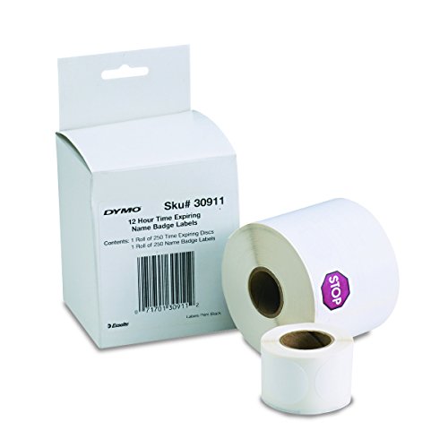 Product Cover DYMO LW Name Badge Labels with 12-Hour Expiration Notification Disks for LabelWriter Label Printers, White, 2-1/4'' x 4'', 1 roll of 250 (30911)
