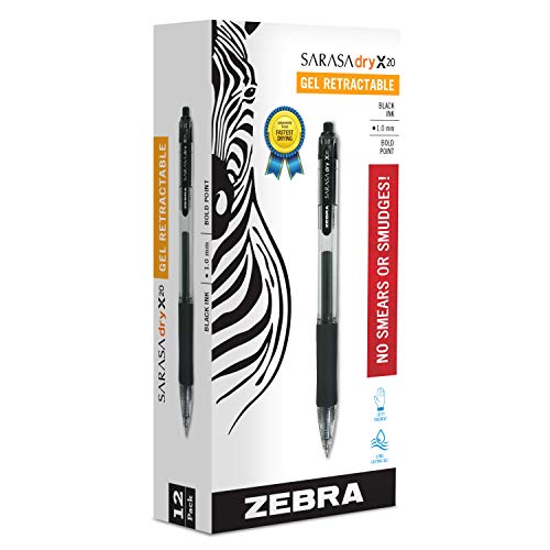 Product Cover Zebra Pen Sarasa X20 Retractable Gel Ink Pens, Bold Point 1.0mm, Black, Rapid Dry Ink, 12 Pack (Packaging may vary)
