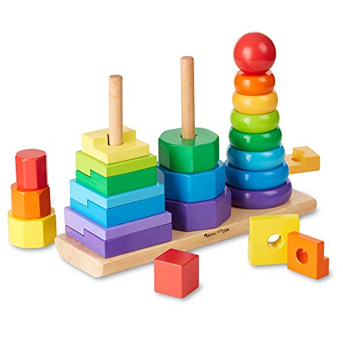 Product Cover Melissa & Doug Geometric Stacker Toddler Toy, Developmental Toys, Rings, Octagons, and Rectangles, 25 Colorful Wooden Pieces, 11' H X 3.5' W X 8.5' L