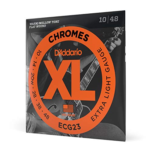 Product Cover D'Addario ECG23 XL Chromes Flat Wound Electric Guitar Strings, Extra Light Gauge, 10-48 (1 Set) - Ribbon Wound and Polished for Ultra-Smooth Feel and Warm, Mellow Tone - Sealed Pouch Prevents Corrosion