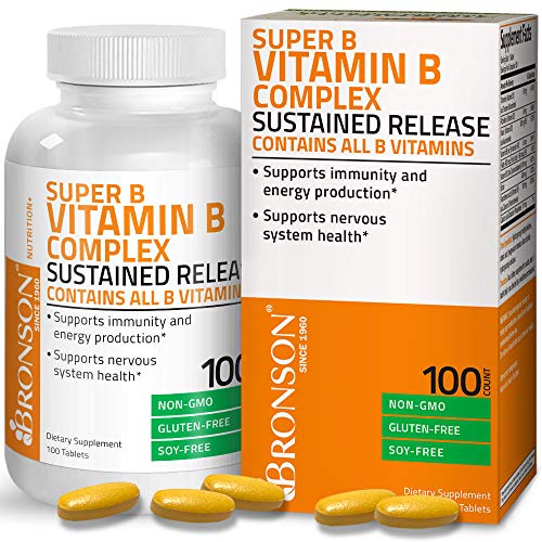 Product Cover Bronson Super B Vitamin B Complex Sustained Slow Release (Vitamin B1, B2, B3, B6, B9 - Folic Acid, B12) Contains All B Vitamins 100 Tablets