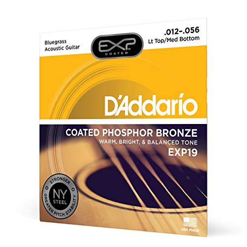 Product Cover D'Addario EXP19 Coated Phosphor Bronze Acoustic Guitar Strings, Light, 12-56 - Offers a Warm, Bright and Well-Balanced Acoustic Tone and 4x Longer Life - With NY Steel for Strength and Pitch Stability