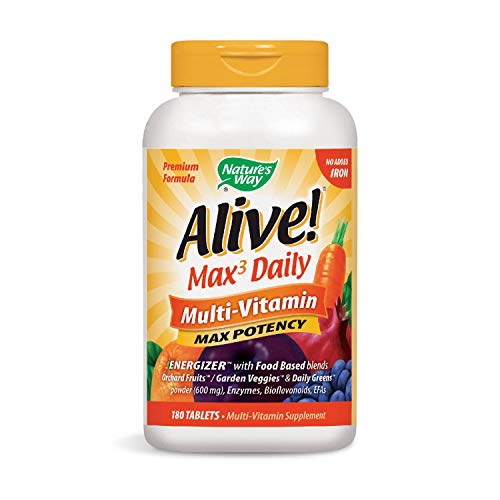 Product Cover Nature's Way Alive! Max3 Daily Adult Multivitamin, Food-Based Blends (1,060mg per serving) and Antioxidants, No Iron Added, 180 Tablets