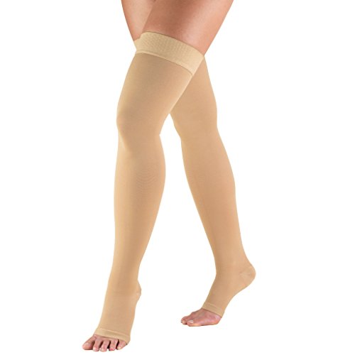 Product Cover Truform 20-30 mmHg Compression Stockings for Men and Women, Thigh High Length, Dot-Top, Open Toe, Beige, Large