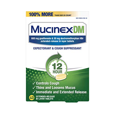 Product Cover Cough Suppressant and Expectorant, Mucinex DM 12 Hr Relief Tablets, 40ct, 600 mg, Thins & loosens mucus that causes chest congestion.