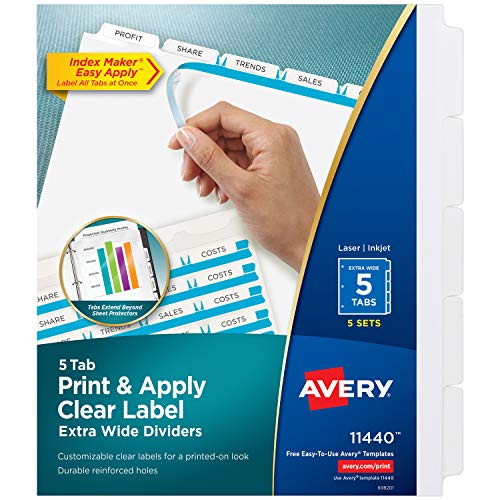 Product Cover Avery 5-Tab Extra Wide Binder Dividers, Easy Print & Apply Clear Label Strip, Index Maker,White, 5 Sets (11440)