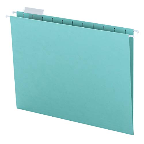 Product Cover Smead Colored Hanging File Folder with Tab, 1/5-Cut Adjustable Tab, Letter Size, Aqua, 25 per Box (64058)