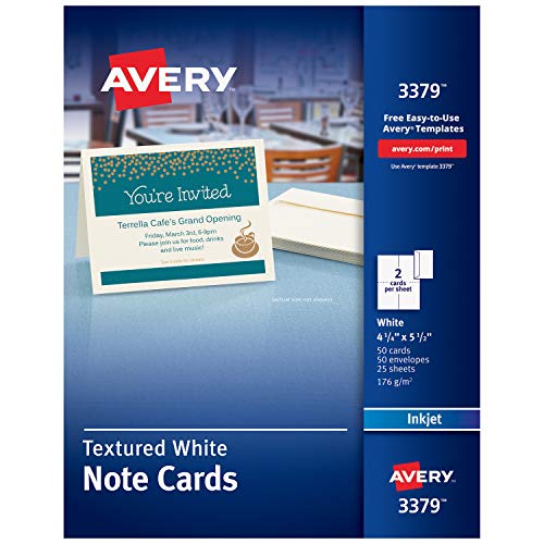 Product Cover Avery Printable Note Cards, Inkjet Printers, 50 Cards and Envelopes, 4.25 x 5.5, Heavyweight, Textured (3379), White