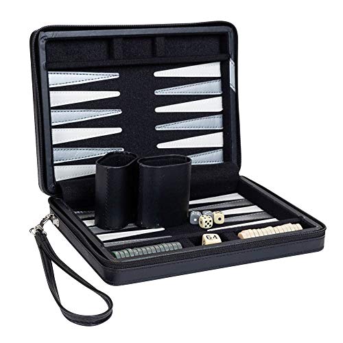 Product Cover Compact Travel Magnetic Backgammon with Carrying Strap - Black with Grey Stripe