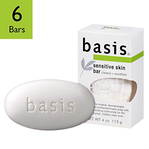 Product Cover Basis Sensitive Skin Bar Soap - Body Wash Bar Cleans and Soothes with Chamomile and Aloe Vera - 4 oz. Bar Soap (Pack of 6)
