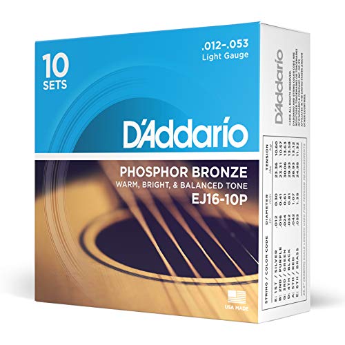Product Cover D'Addario EJ16-10P Phosphor Bronze Acoustic Guitar Strings, Light, 10 Sets