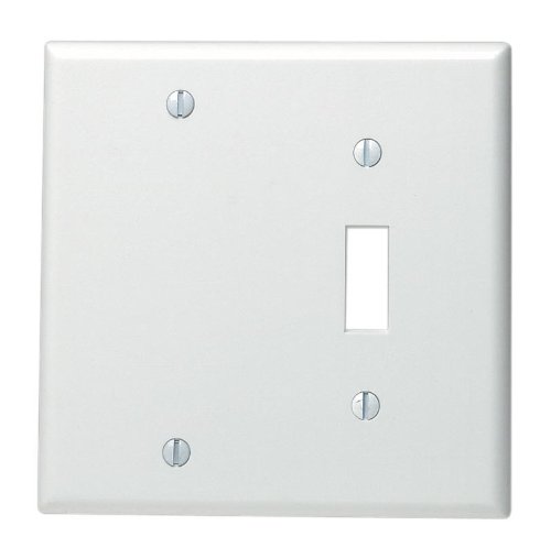 Product Cover Leviton 88006 002-000 1-Toggle 1-Blank Standard Size Wall Plate, 2 Gang, 4.5 in L X 4.56 in W 0.22 in T, Standard, White