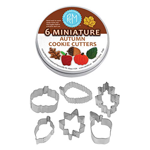 Product Cover R&M International 1991 Mini Autumn Leaf Cookie Cutters, Acorn, Pumpkin, Oak, Maple, Aspen, Apple, 6-Piece Set in Gift Tin