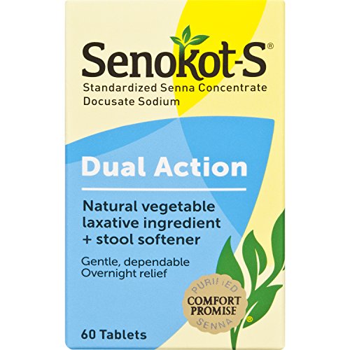 Product Cover Senokot-S Dual Action 60 Tablets, Natural Vegetable Laxative Ingredient Plus Stool Softener Tablets, Gentle Dependable Overnight Relief of Occasional constipation