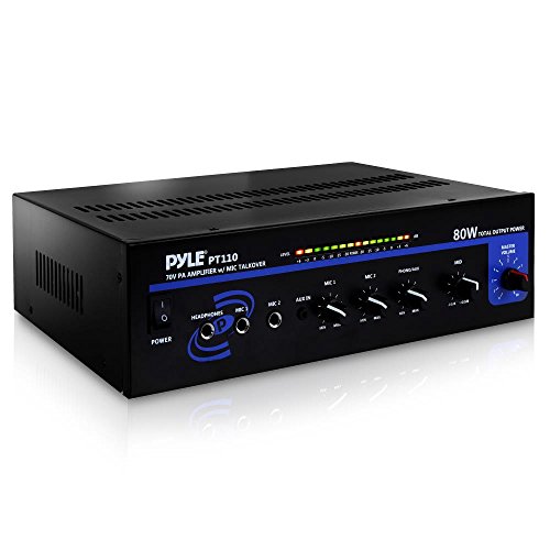 Product Cover Compact Public Address Mono Amplifier - Professional 50W Mini Home Power Audio Sound PA Speaker Receiver System w/ RCA, Headphone, 2 Microphone Inputs, Independent Volume Control - Pyle PT110