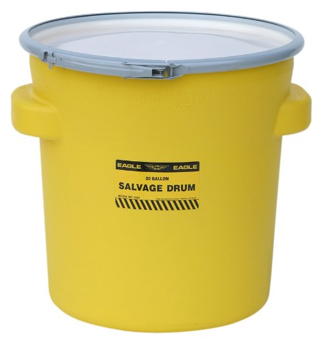 Product Cover Eagle 1654 Yellow Blow-Molded HDPE Salvage Drum with Metal Ring Lever-Lock Lid, 20 gallon Capacity, 21