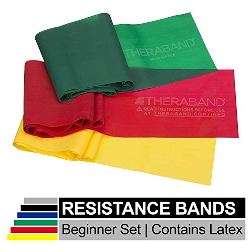 Product Cover TheraBand Resistance Band Set, Professional Latex Elastic Bands for Upper & Lower Body, Core Exercise, Physical Therapy, Lower Pilates, At-Home Workouts, & Rehab, 5 Foot, Yellow, Red & Green, Beginner